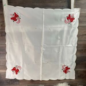 Vintage Christmas Satin Like Tablecover Candy Canes Bows Holly Home Decor 34x34